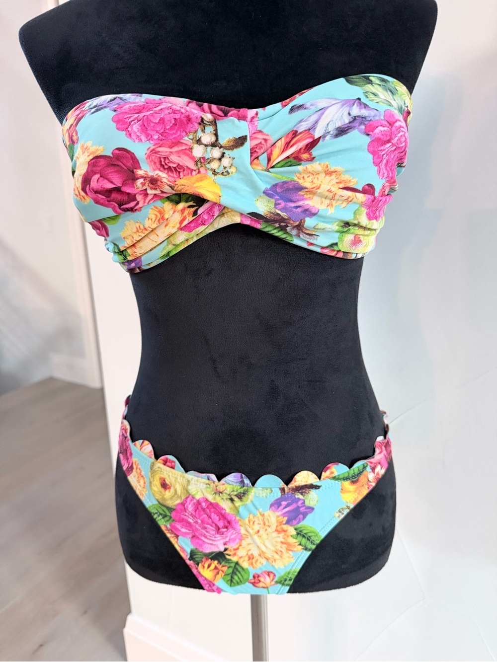 Y2K Floral Bandeau Bikini Set in Aqua size S top is size L bottom is size S